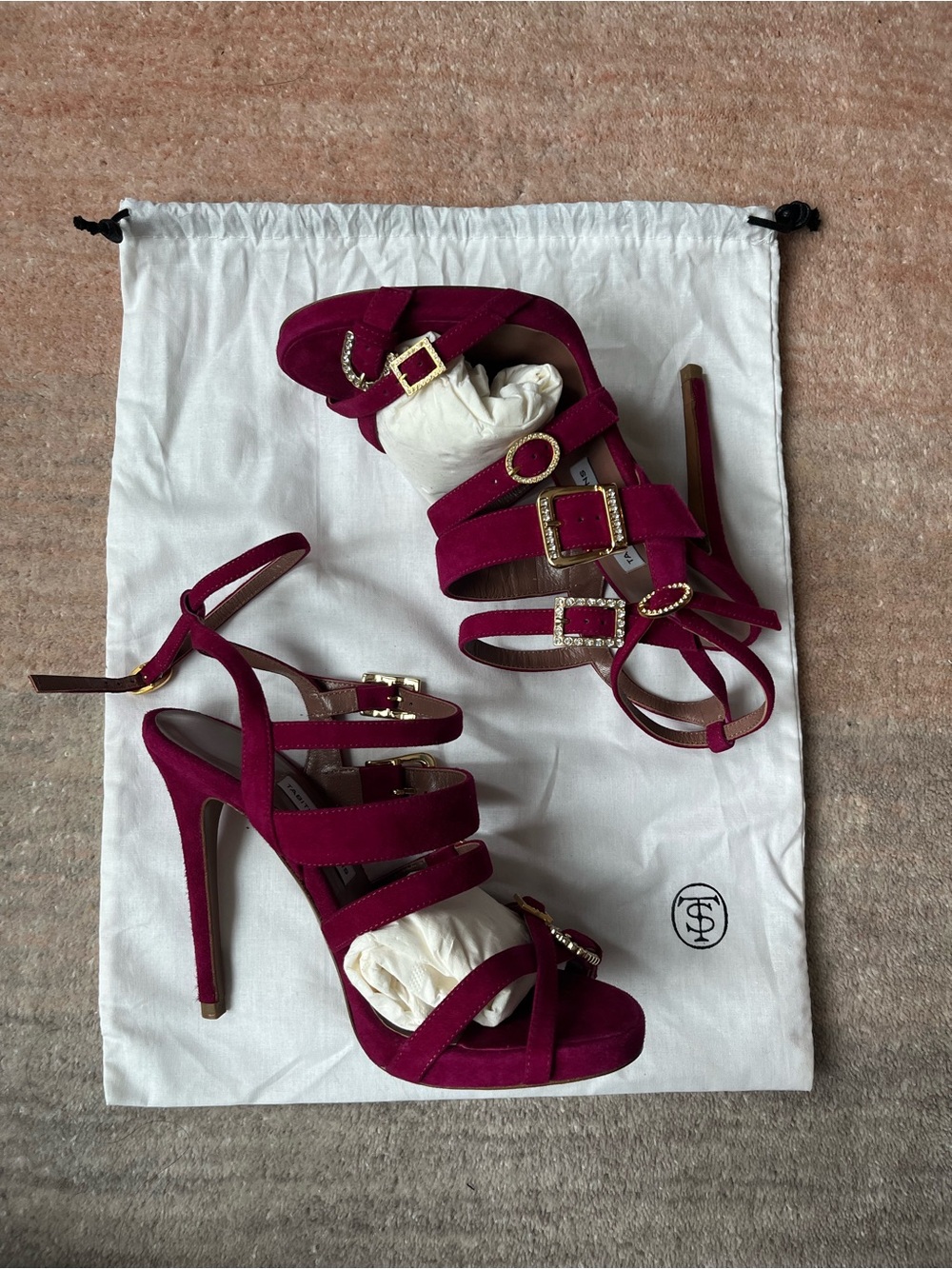 Tabitha Simmons Karlie Red Suede Strappy High Heel Sandals with Gold Buckles